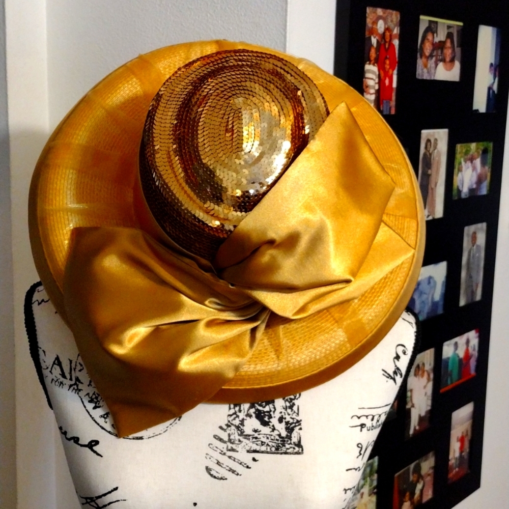 Golden sequined and silk covered hat